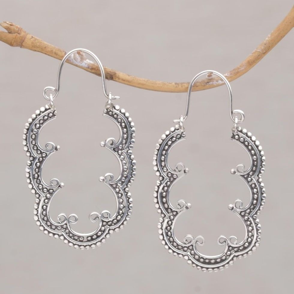 Balinese Leaf Motif Sterling Silver Hoop Earrings 'Breadfruit Leaves'