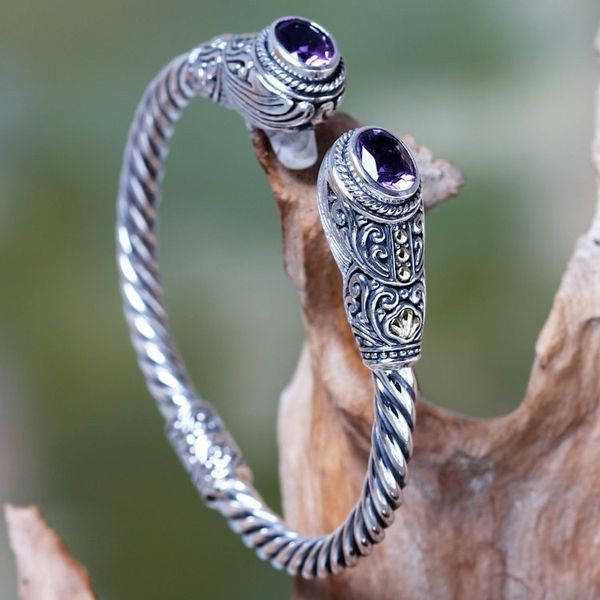 Alternate image for Handcrafted Bali Hinged Silver Cuff Bracelet with Amethysts Empress of Gelgel