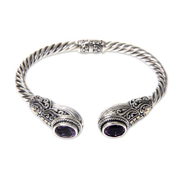 Alternate image for Handcrafted Bali Hinged Silver Cuff Bracelet with Amethysts Empress of Gelgel