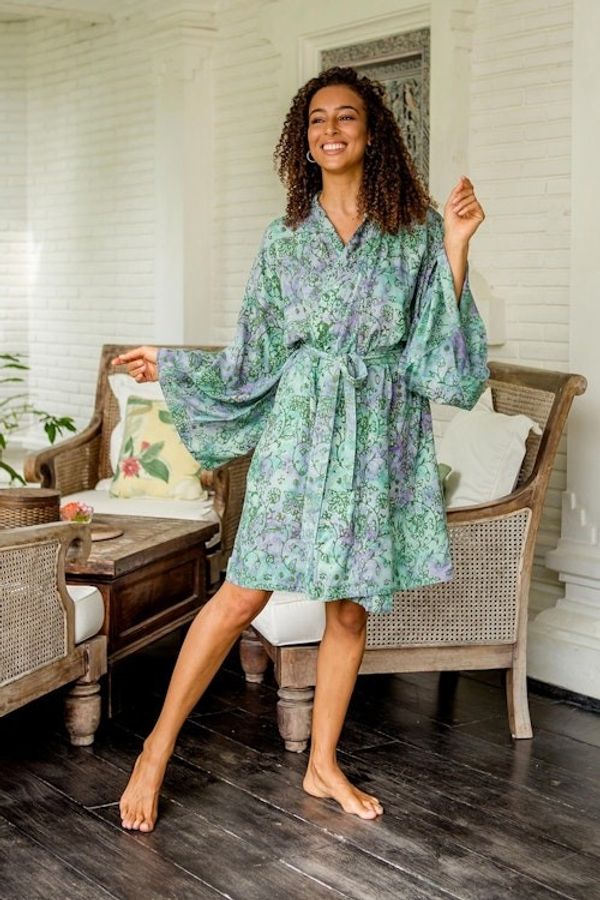 Alternate image for Hand-Painted Tie-Dye Rayon Robe Green Gardens