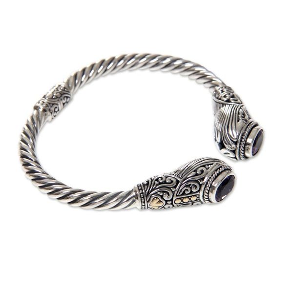 Alternate image for Handcrafted Bali Hinged Silver Cuff Bracelet with Amethysts Empress of Gelgel
