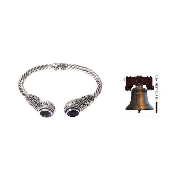 Alternate image for Handcrafted Bali Hinged Silver Cuff Bracelet with Amethysts Empress of Gelgel