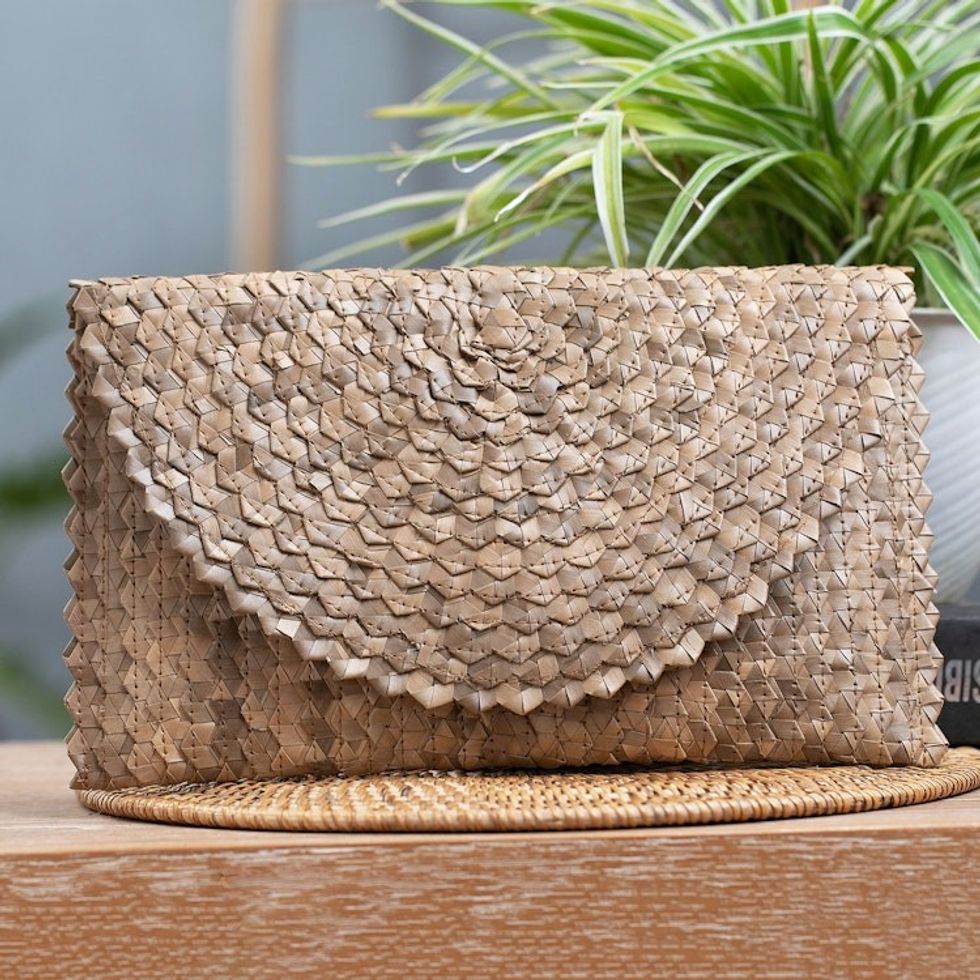 Handmade Brown Palm Leaf Clutch Handbag from Indonesia 'Tropical Touch'