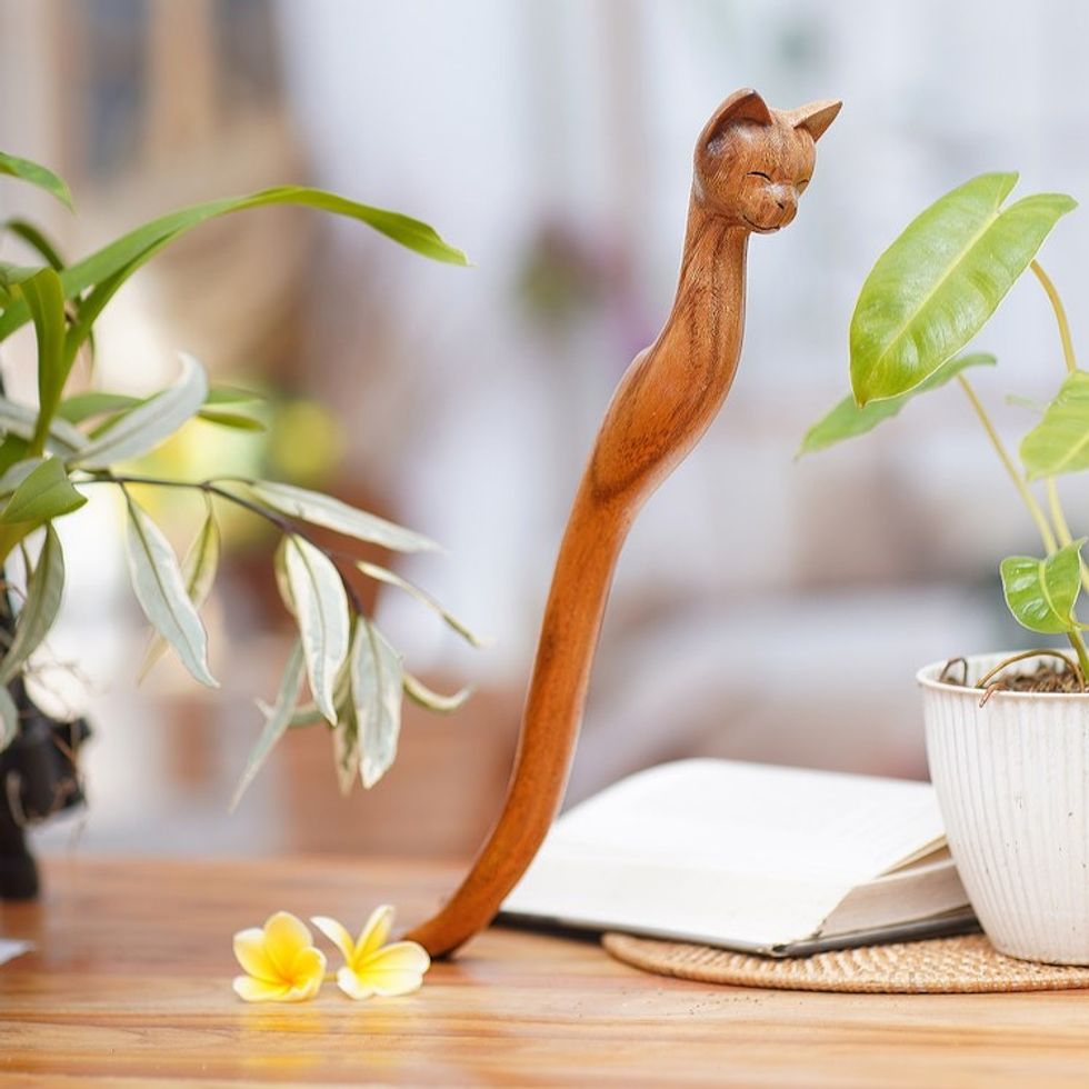 Cat-Themed Natural Wood Back Scratcher from Bali 'Helpful Cat'