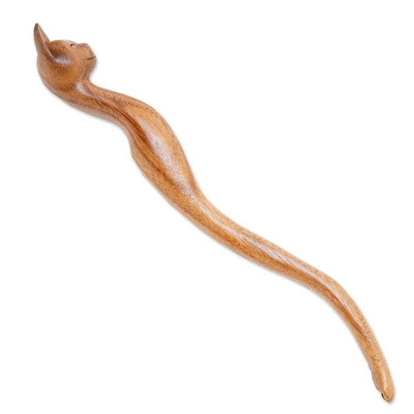 Alternate image for Cat-Themed Natural Wood Back Scratcher from Bali Helpful Cat