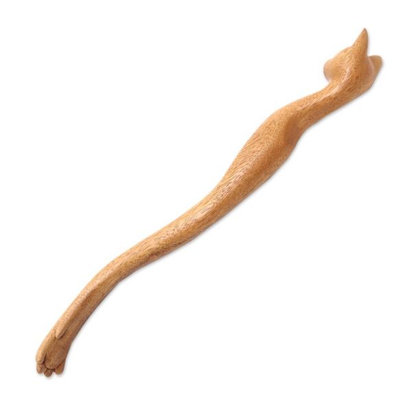 Alternate image for Cat-Themed Natural Wood Back Scratcher from Bali Helpful Cat