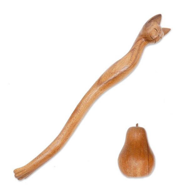 Alternate image for Cat-Themed Natural Wood Back Scratcher from Bali Helpful Cat