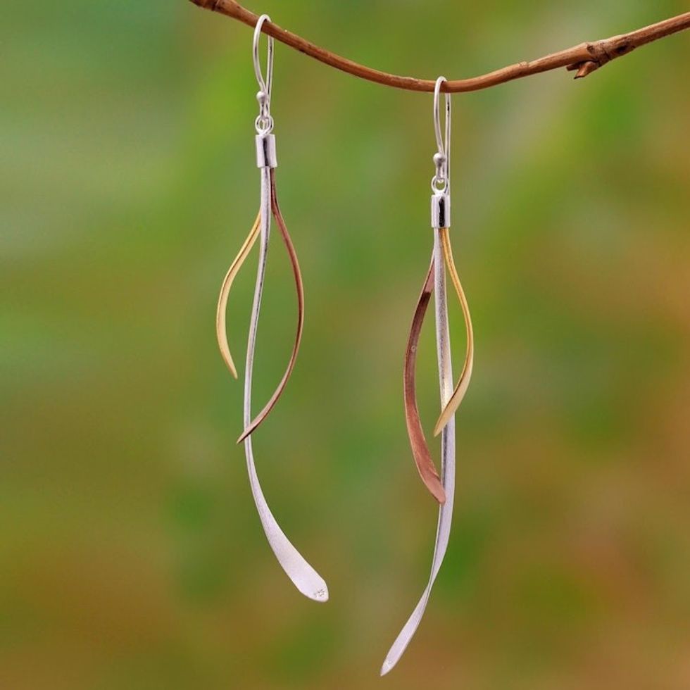 Gold and Rose Gold Accent Sterling Silver Earrings from Bali 'Jimbaran Tendrils'