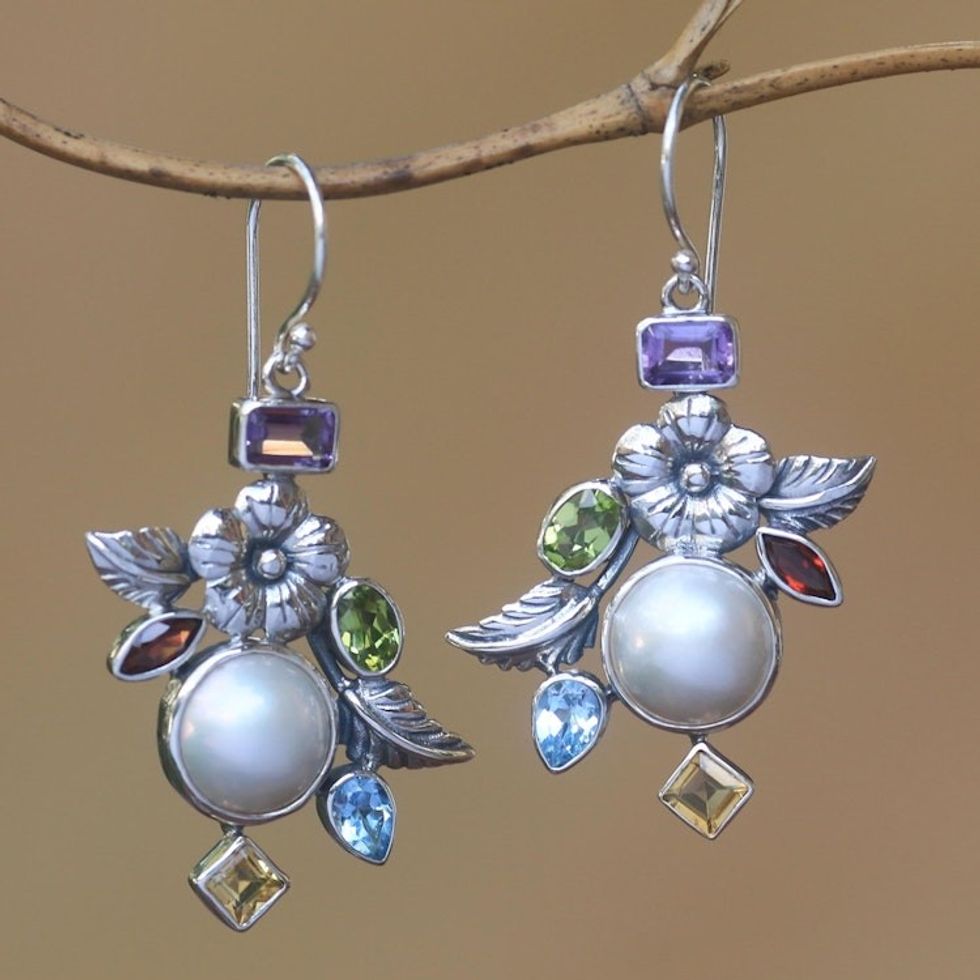 Multi-Gemstone Floral Dangle Earrings from Bali 'Goddess Garden'