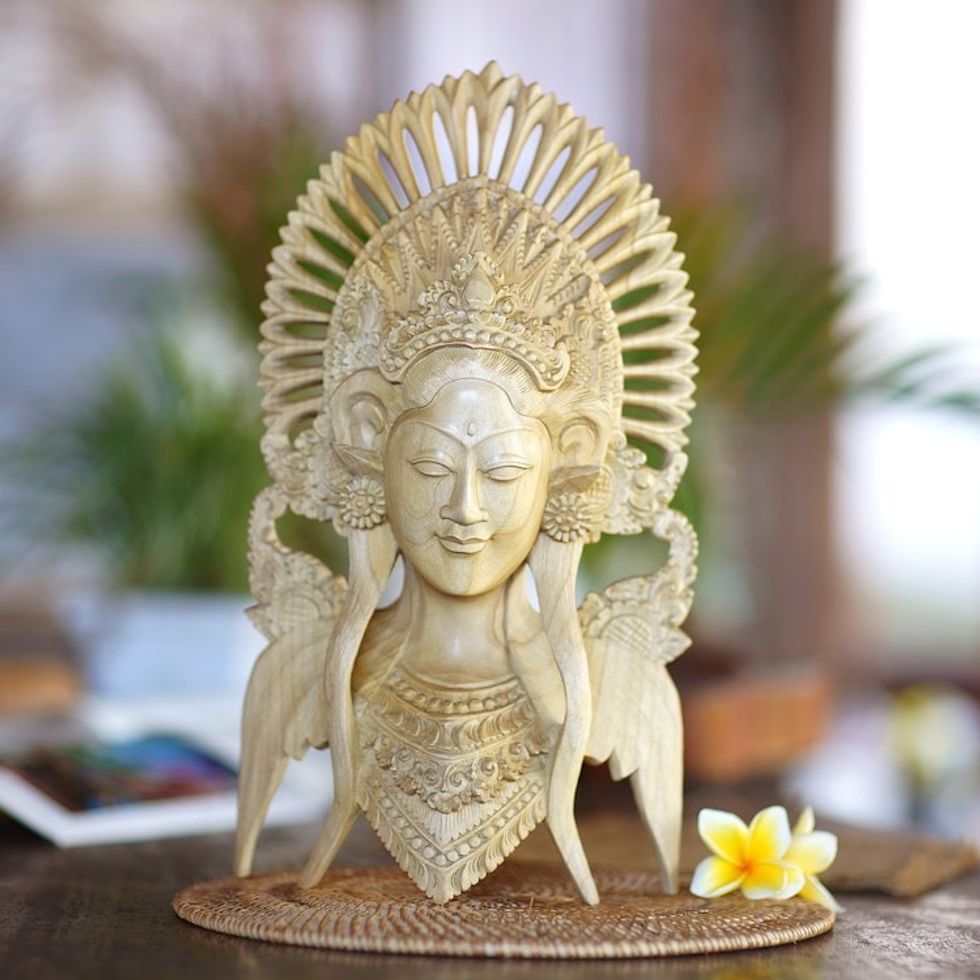 Hand Carved Balinese Janger Dancer Wood Wall Mask 'Janger Dancer'