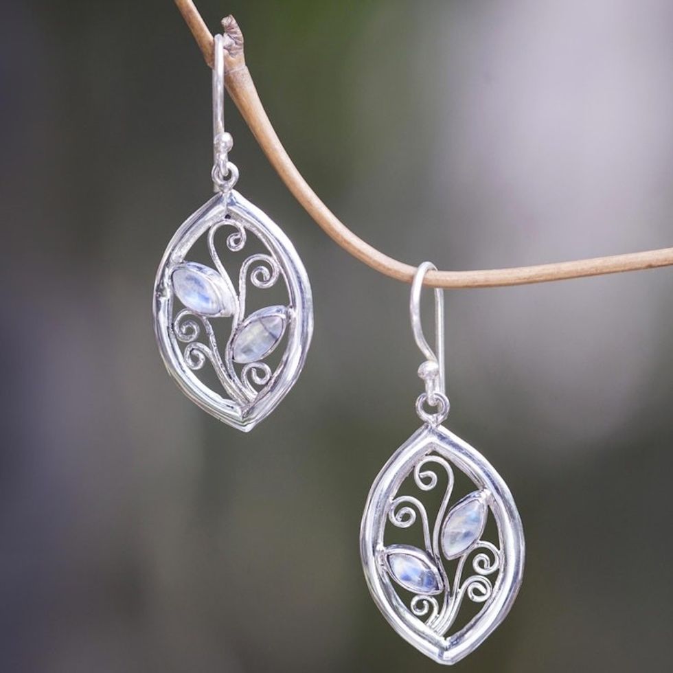 925 Sterling Silver Leaf Earrings with Rainbow Moonstone 'Paradise Leaves'