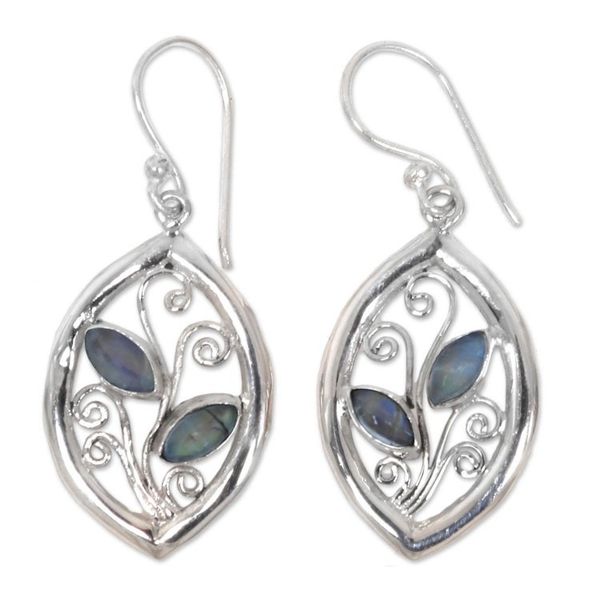 Alternate image for 925 Sterling Silver Leaf Earrings with Rainbow Moonstone Paradise Leaves