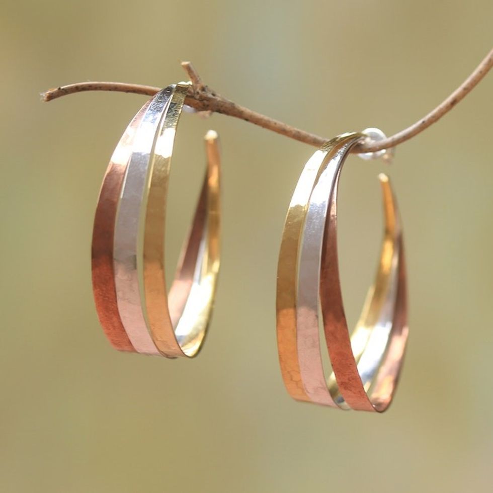 Gold Accent Sterling Silver Half-Hoop Earrings from Bali 'Metallic Rainbow'