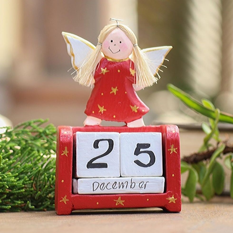 Angel Motif Wood Perpetual Calendar 'Angel Time in Red'