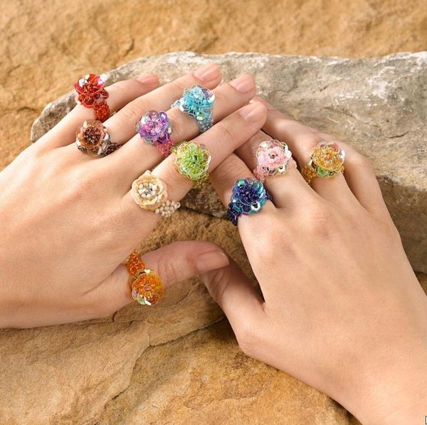 Alternate image for Floral Glass Beaded Stretch Cocktail Rings Set of 10 Javanese Flora