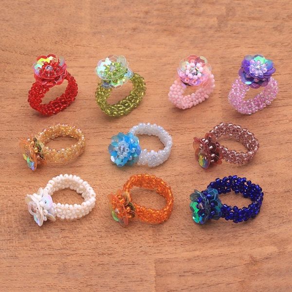 Alternate image for Floral Glass Beaded Stretch Cocktail Rings Set of 10 Javanese Flora