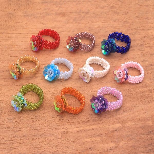 Alternate image for Floral Glass Beaded Stretch Cocktail Rings Set of 10 Javanese Flora