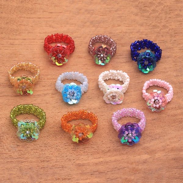 Alternate image for Floral Glass Beaded Stretch Cocktail Rings Set of 10 Javanese Flora