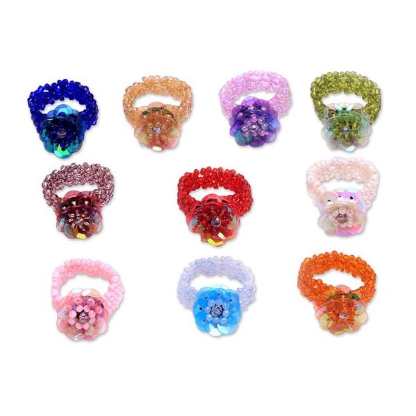 Alternate image for Floral Glass Beaded Stretch Cocktail Rings Set of 10 Javanese Flora