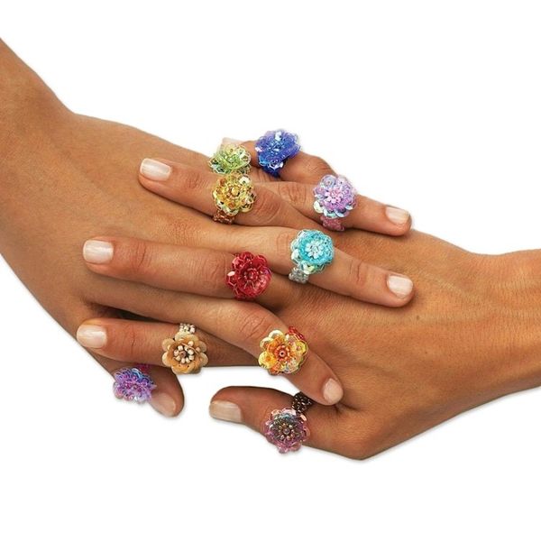 Alternate image for Floral Glass Beaded Stretch Cocktail Rings Set of 10 Javanese Flora
