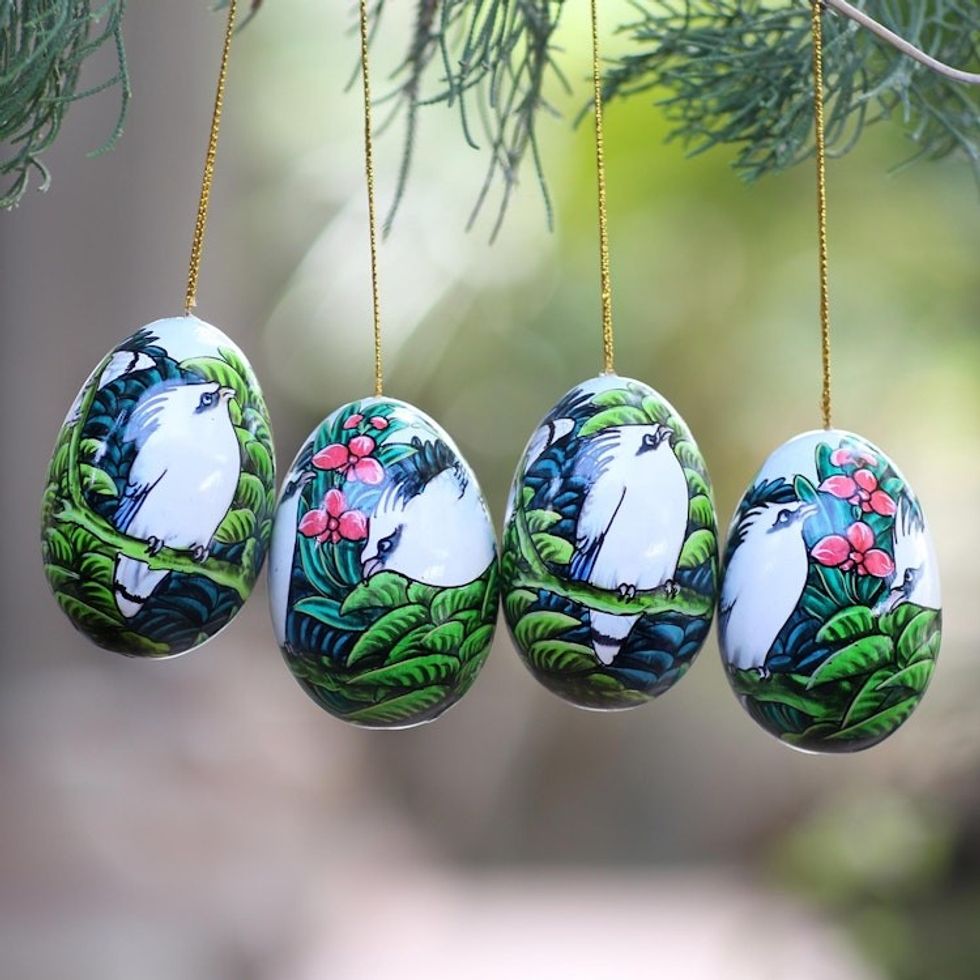 Hand-Painted Ornaments of Jalak Birds from Bali Set of 4 'Jalak Forest'