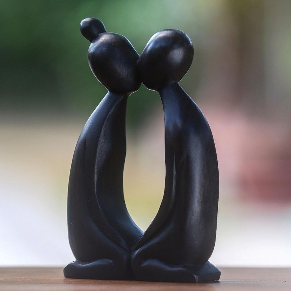 Black Wood Statuette of Lovers' Embrace from Bali 'Harmony'