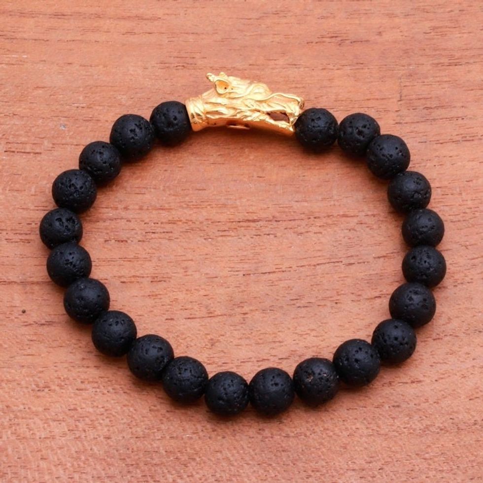 Gold Accented Dragon Lava Stone Beaded Stretch Bracelet 'Wise Dragon'