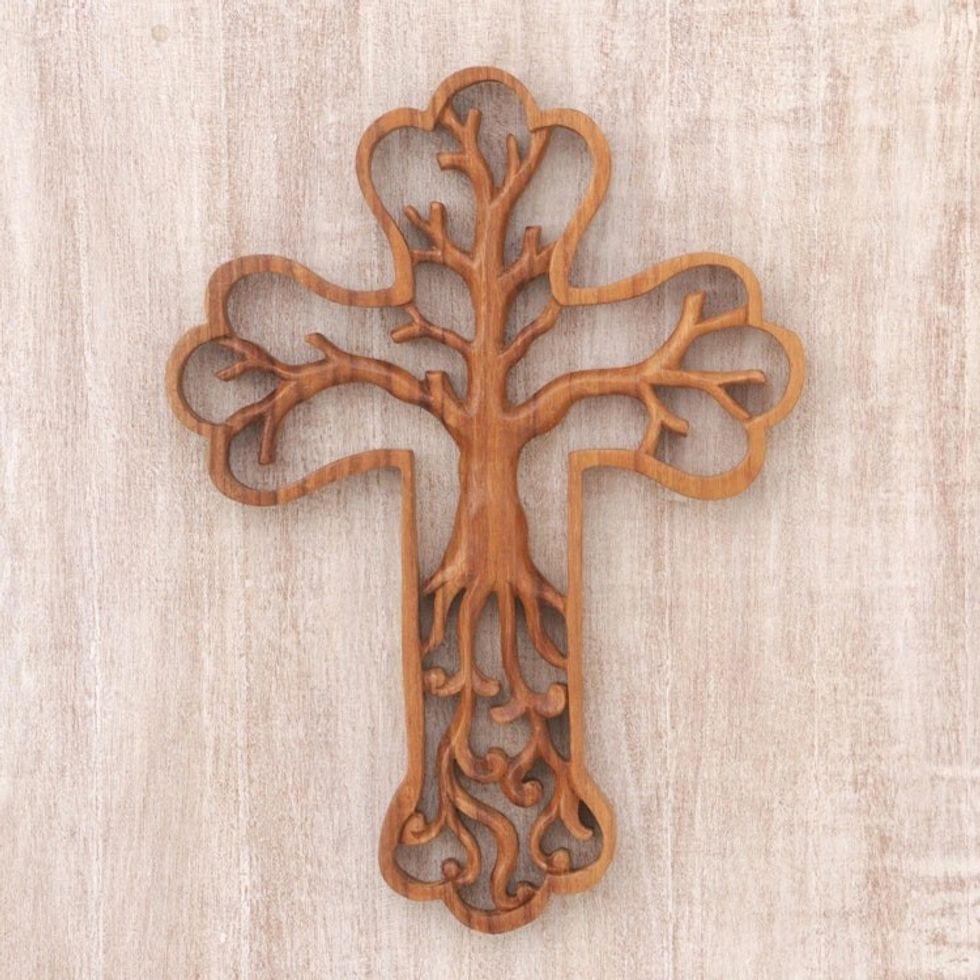 Cross and Tree-Themed Suar Wood Relief Panel from Bali 'Tree Cross'