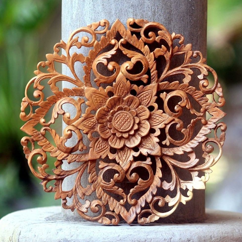 Traditional Balinese Floral Wood Round Relief Panel Carving 'Royal Flower'