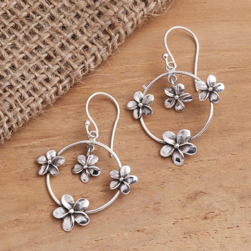 Plumeria Flower Sterling Silver Dangle Earrings 'Jepun Orbit'