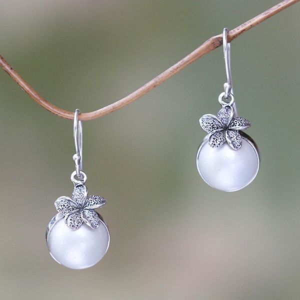 Alternate image for Fair Trade White Pearl Dangle Earrings Plumeria Moon