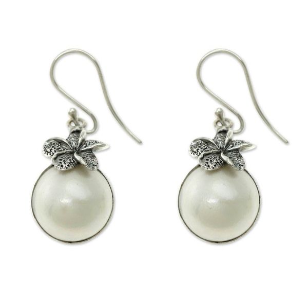 Alternate image for Fair Trade White Pearl Dangle Earrings Plumeria Moon