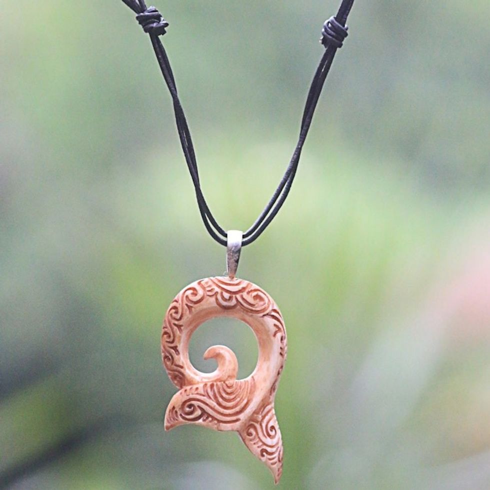 Leather Necklace with a Hand Carved Bone Whale Tail Pendant 'Tail of the Whale'