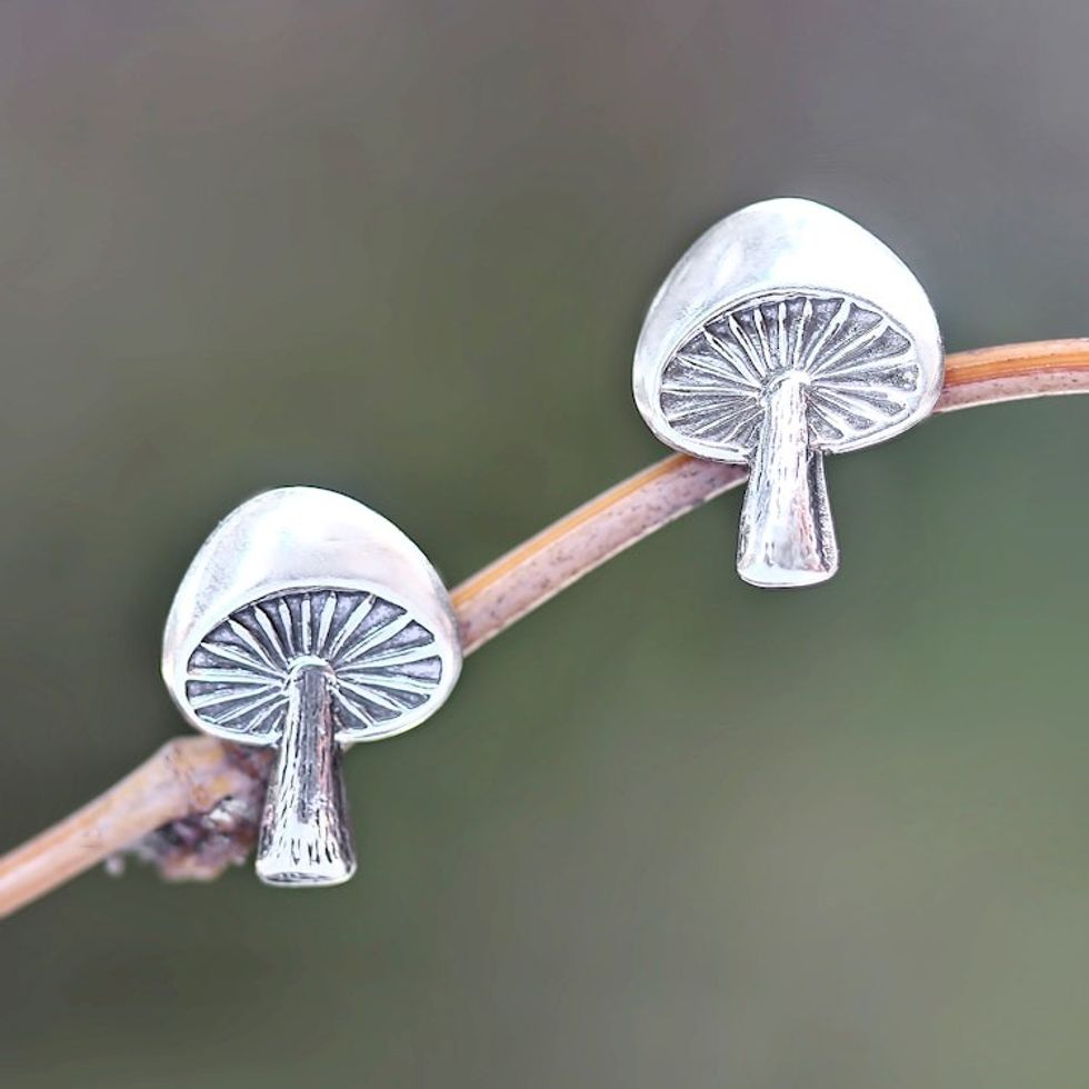 Mushroom-Shaped Sterling Silver Stud Earrings from Bali 'Gleaming Mushrooms'