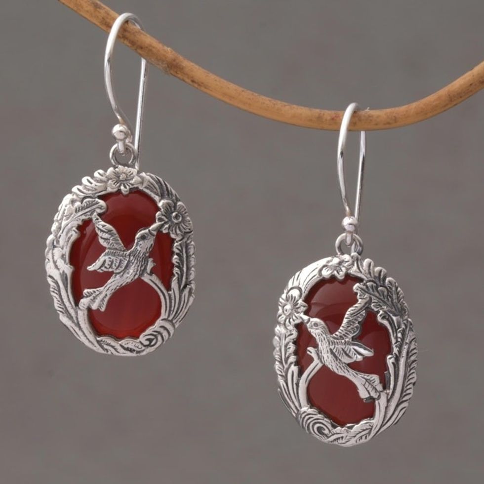 Carnelian and Sterling Silver Hummingbird Dangle Earrings 'Nature's Freedom'