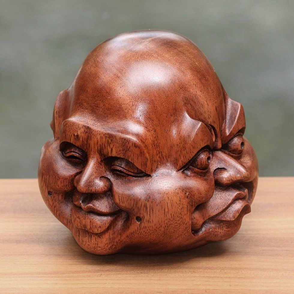 Hand-Carved Four Faces of Buddha Suar Wood Statuette 'Four Faces'