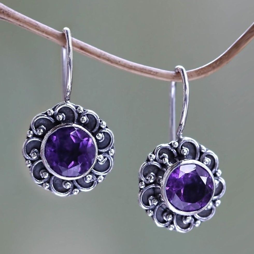 Amethyst Sunflower Drop Earrings from Bali 'Singaraja Sunflower Purple'