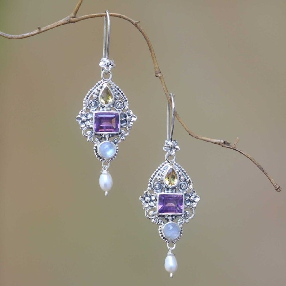 Multi-Gemstone and Ornate Sterling Silver Dangle Earrings 'Intricate Beauty'