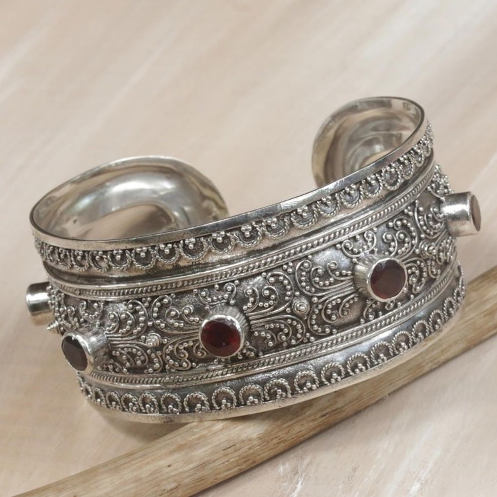 Balinese Sterling Silver Cuff Bracelet with Garnet 3.5 Cts 'Uluwatu Altar'