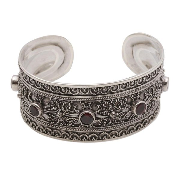 Alternate image for Balinese Sterling Silver Cuff Bracelet with Garnet 3.5 Cts Uluwatu Altar