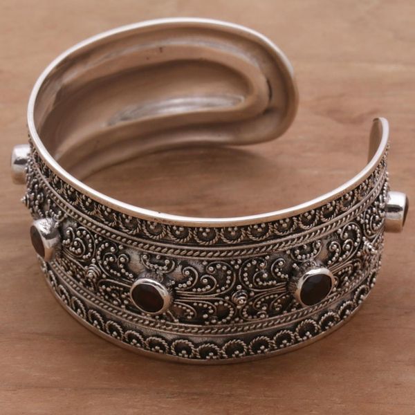 Alternate image for Balinese Sterling Silver Cuff Bracelet with Garnet 3.5 Cts Uluwatu Altar