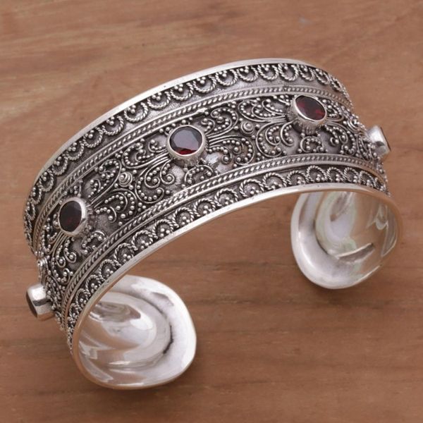 Alternate image for Balinese Sterling Silver Cuff Bracelet with Garnet 3.5 Cts Uluwatu Altar