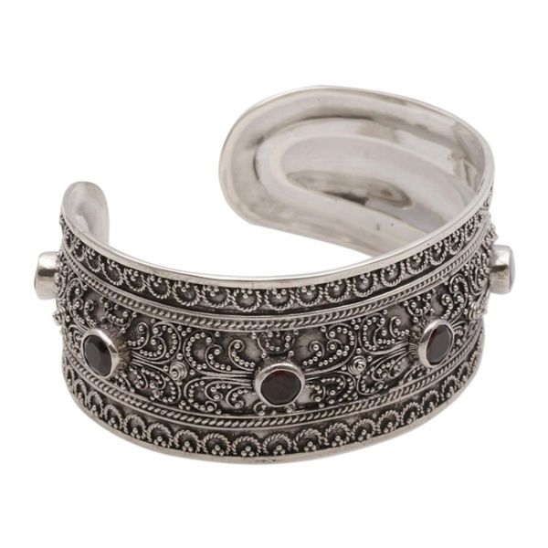 Alternate image for Balinese Sterling Silver Cuff Bracelet with Garnet 3.5 Cts Uluwatu Altar