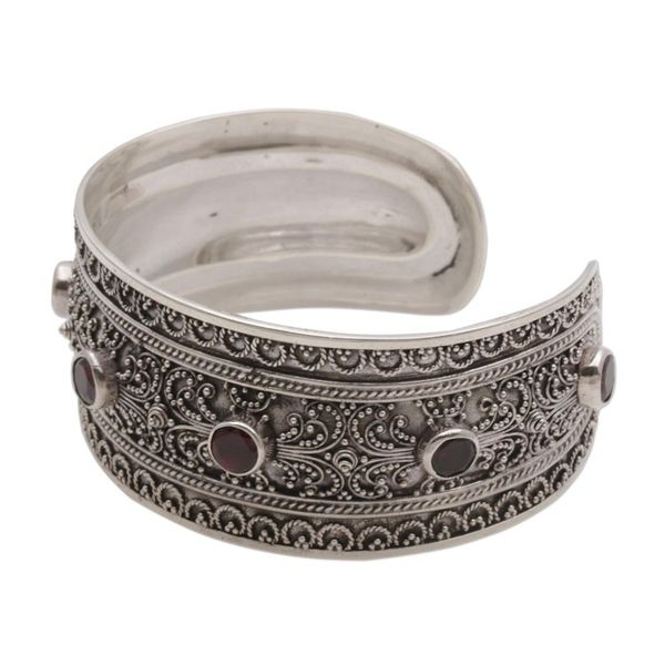 Alternate image for Balinese Sterling Silver Cuff Bracelet with Garnet 3.5 Cts Uluwatu Altar