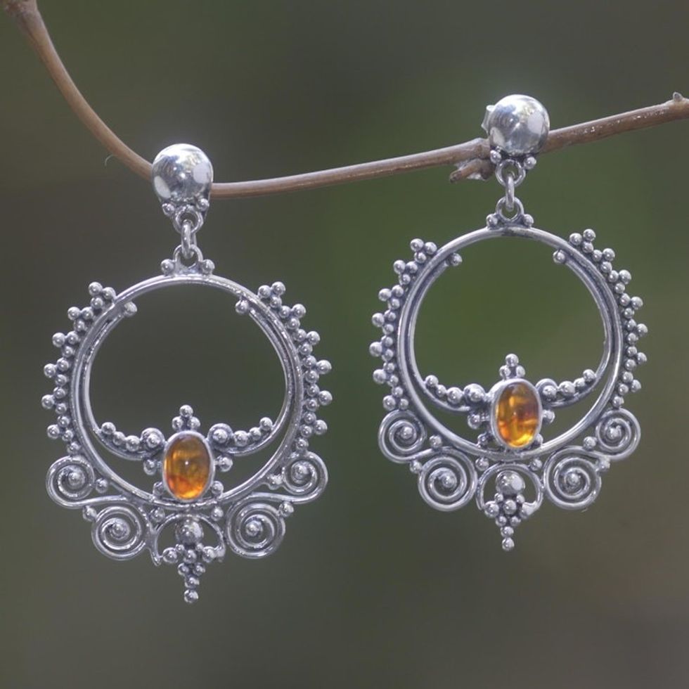 Sterling Silver and Amber Dangle Earrings 'Temple of Light'