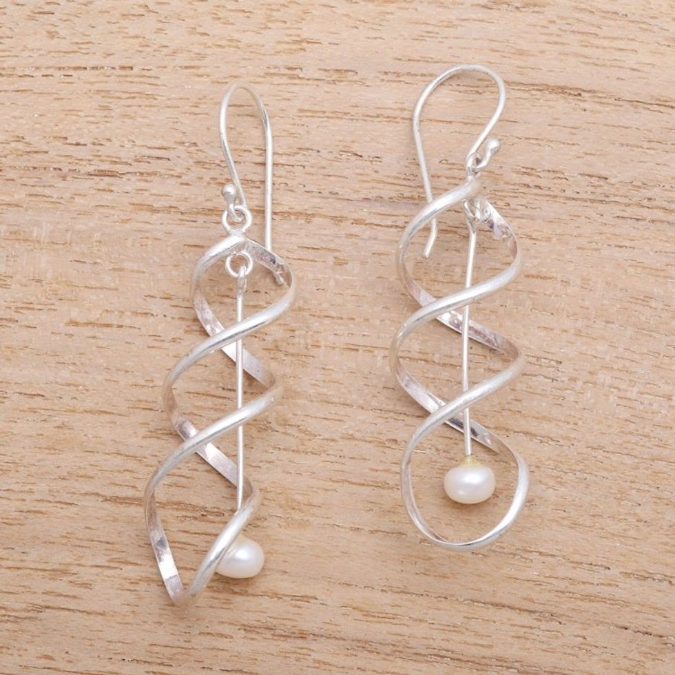 Spiral Cultured Pearl Dangle Earrings from Bali 'Never-Ending Spiral'