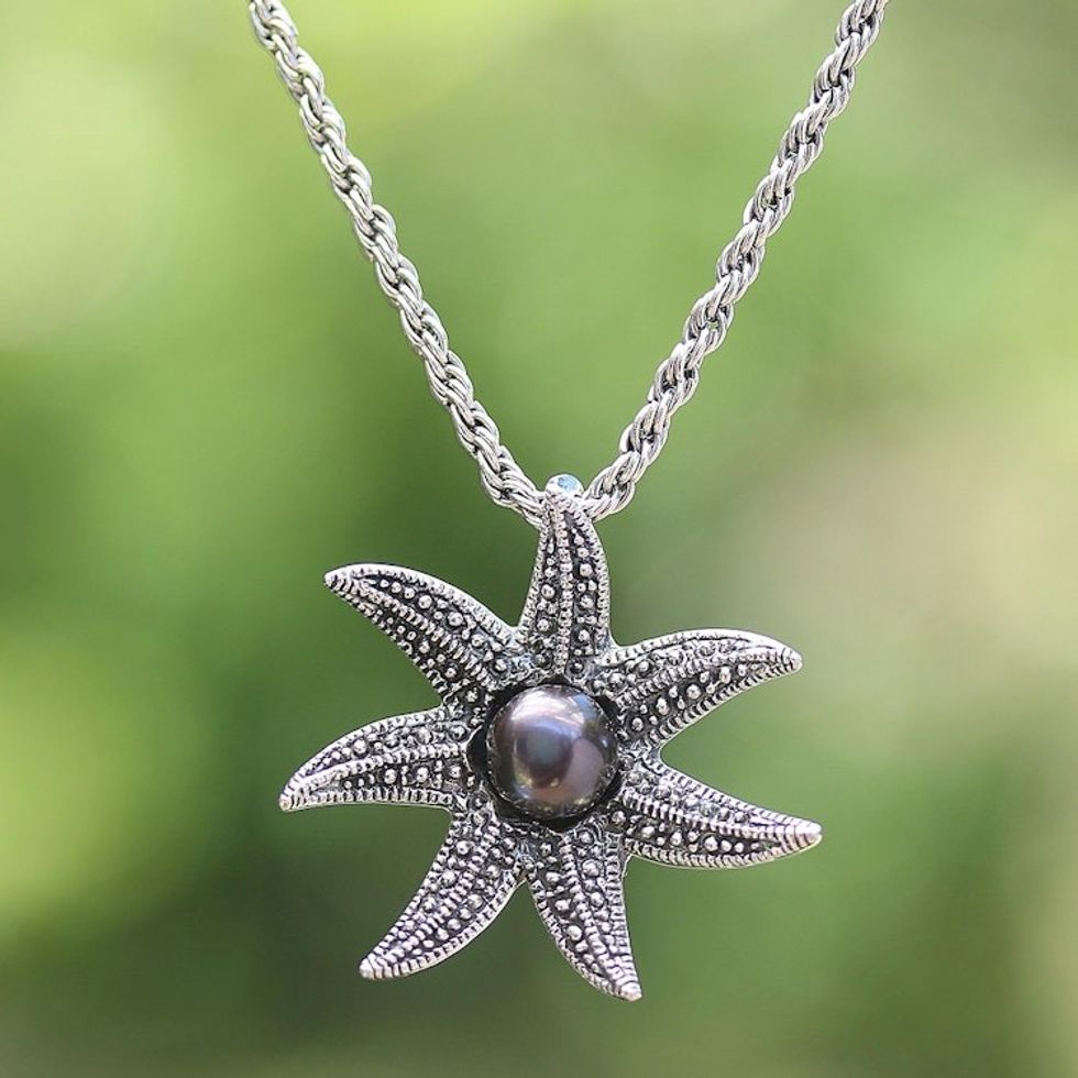 Cultured Pearl Starfish Necklace in Black from Bali 'Galang Starfish in Black'
