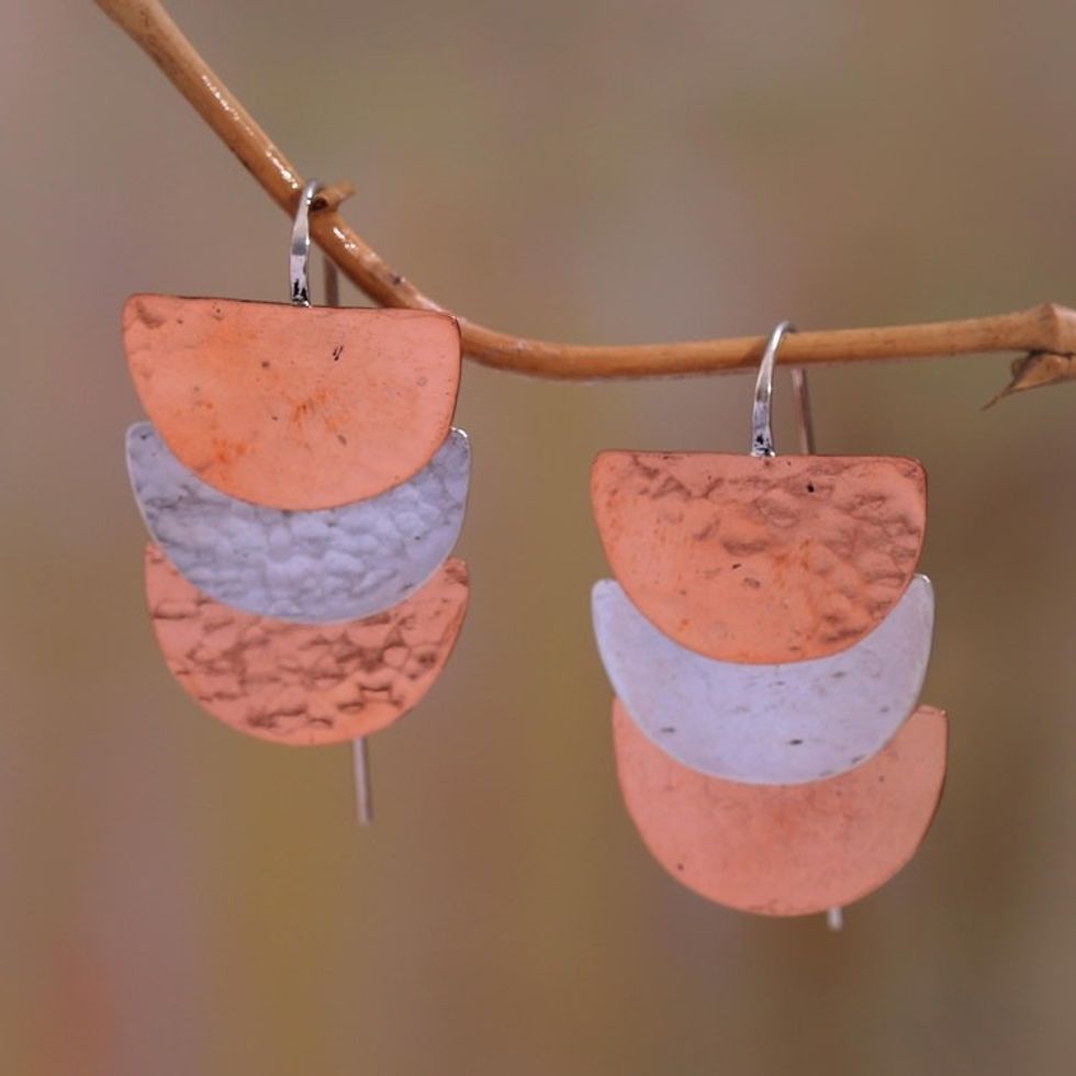 Semicircle Sterling Silver and Copper Dangle Earrings 'Modern Sunset'