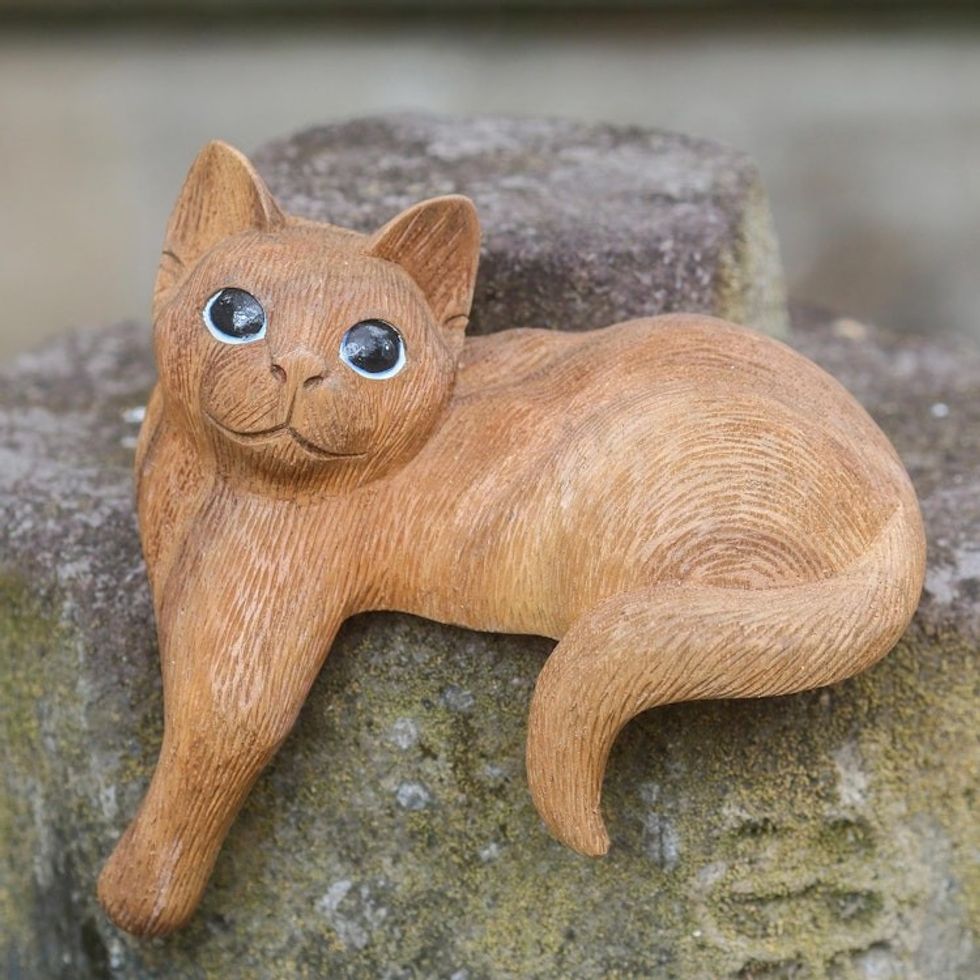 Wood Cat Sculpture Hand Carved in Indonesia 'Watchful Long Haired Cat'