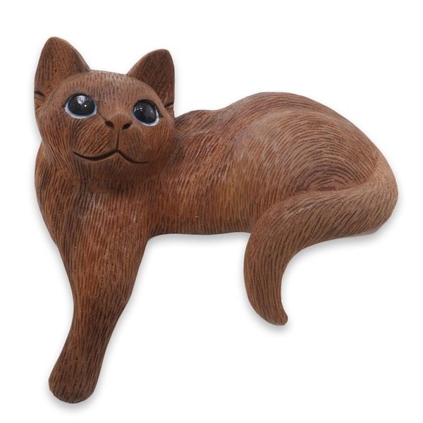 Alternate image for Wood Cat Sculpture Hand Carved in Indonesia Watchful Long Haired Cat